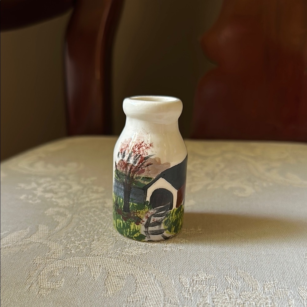 Miniature Rockville Pottery signed ceramic milk jug, vase, prairie scene